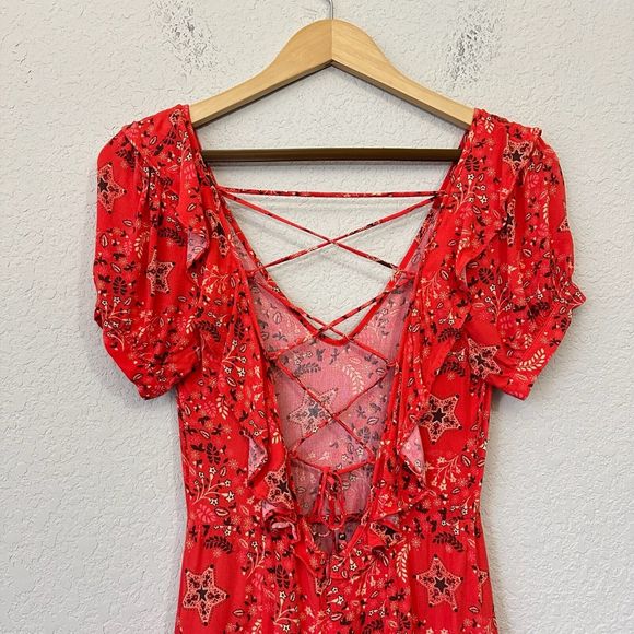 SPELL & THE GYPSY Collective Celestial Mini Dress Lace Up Back in Red - Picture 8 of 15